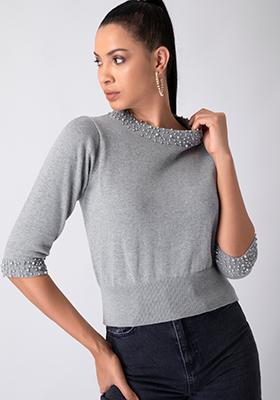 Grey Pearl Embellished Sweater 