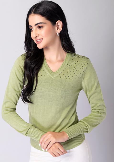 Green Full Sleeve Sequin Embellished Jumper