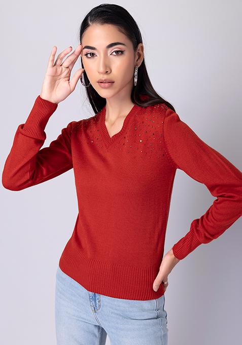 Rust Full Sleeve Sequin Embellished Jumper