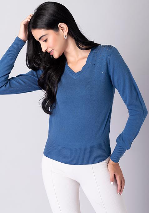 Blue Full Sleeve Sequin Embellished Jumper