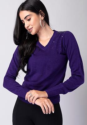 Purple Embellished Full Sleeve Jumper
