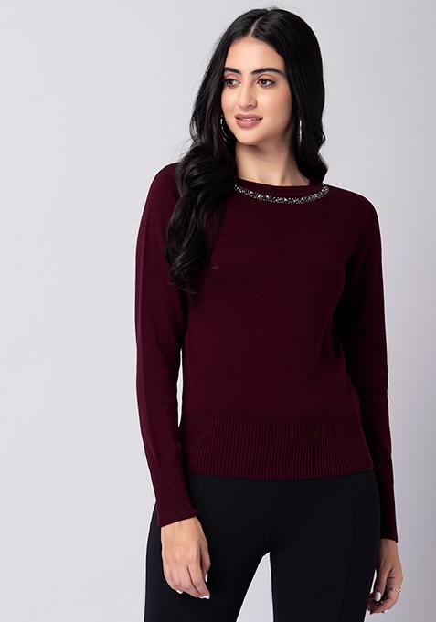 Maroon Crew Neck Embellished Sweater