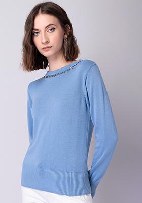 Light Blue Crew Neck Embellished Sweater