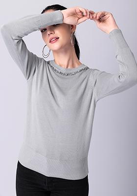 Grey Crew Neck Embellished Sweater