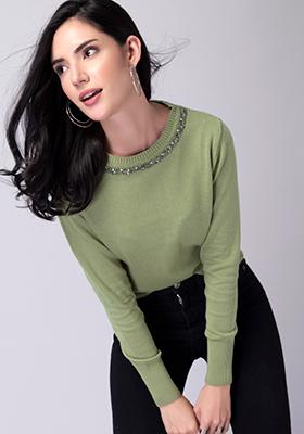Green Crew Neck Embellished Sweater