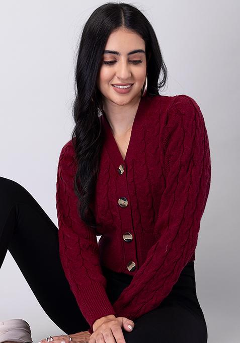 Maroon Cable Knit Cardigan