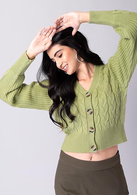 Green Cable Knit Cardigan