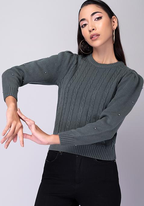 Grey Cable Knit Embellished Jumper