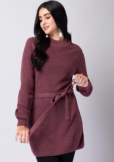 Pink High Neck Belted Longline Jumper