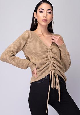 Beige Ruched Full Sleeve Sweater