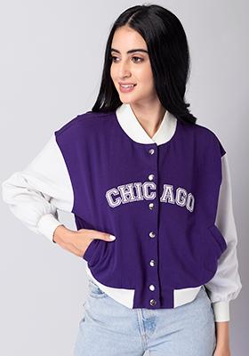 Purple And White Applique Varsity Jacket