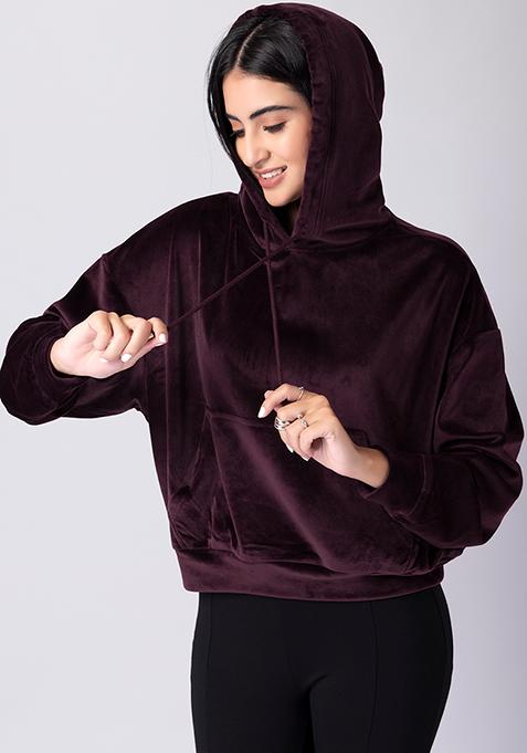 Wine Velour Kangaroo Pocket Hoodie 