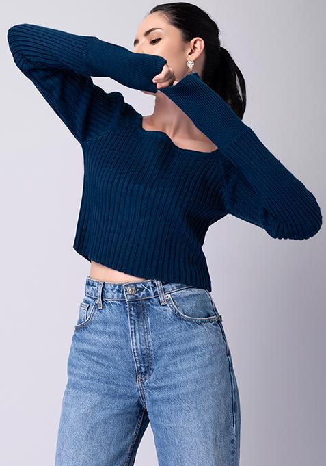 Teal Square Neck Crop Sweater 