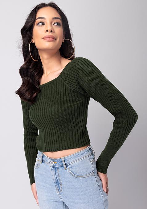 Olive Square Neck Crop Sweater 