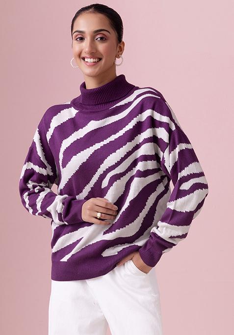 Purple Zebra Print Polo Neck Jumper