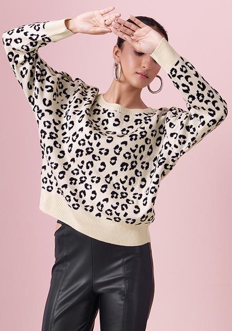 White And Black Animal Print Round Neck Sweater