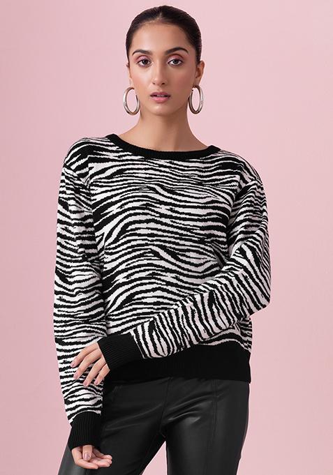 Black Zebra Print Polo Neck Jumper