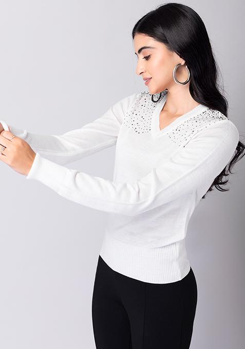 White Full Sleeve Embellished Jumper