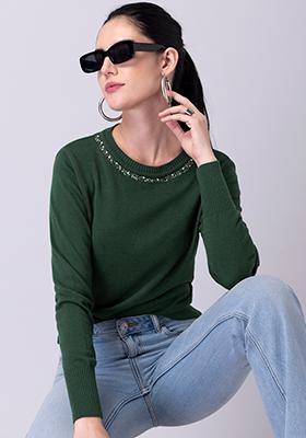 Green Embellished Neck Sweater