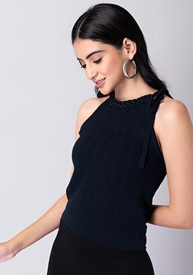 Navy Blue Embellished Knitted Top