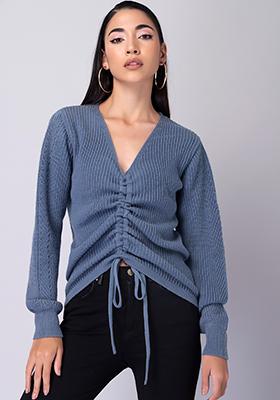 Blue Full Sleeve Ruched Sweater