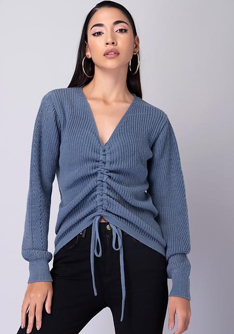 Blue Full Sleeve Ruched Sweater