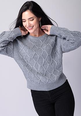 Grey Round Neck Embellished Sweater