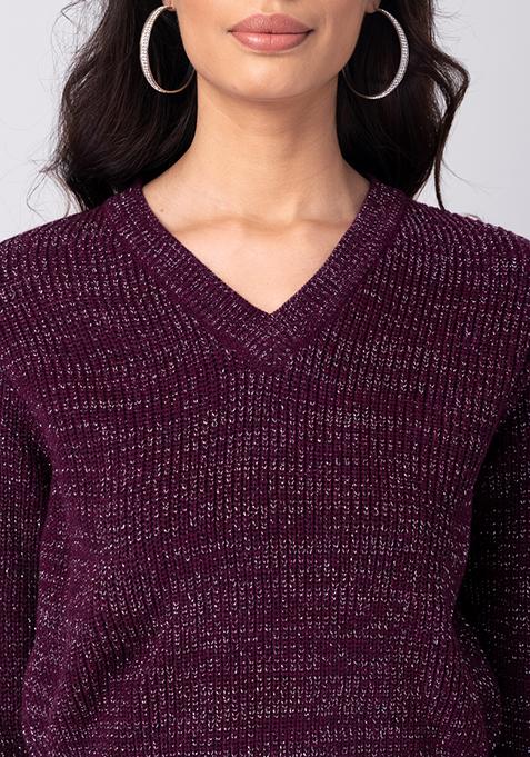 Buy Women Wine V-Neck Crop Sweater - Sweaters & Cardigans Online India ...