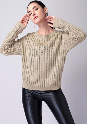 Beige Round Neck Lurex Sweater