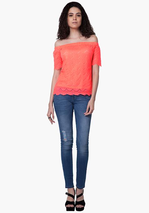Off-Shoulder Lace Top - Coral Online | Women's Sale Tops | FabAlley.com