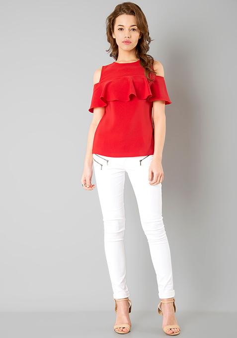 Buy Women Ruffled Cold Shoulder Top - Red - Blouses Online India - FabAlley
