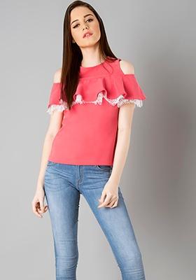 Lace Ruffle Cold Shoulder Top - Coral