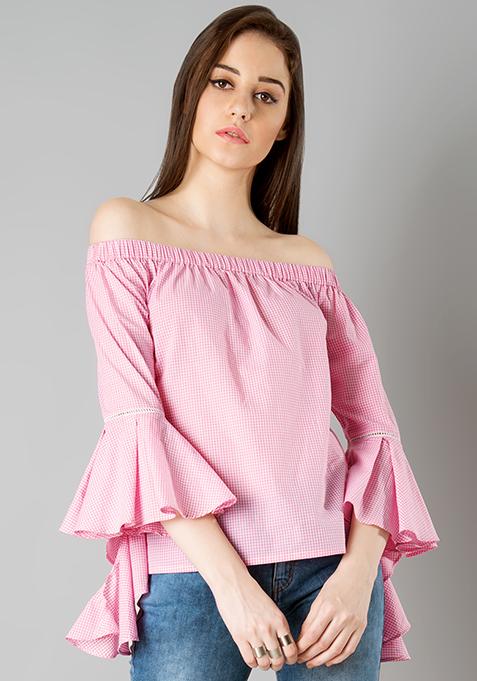 Off Shoulder Flutter Sleeve Top - Gingham