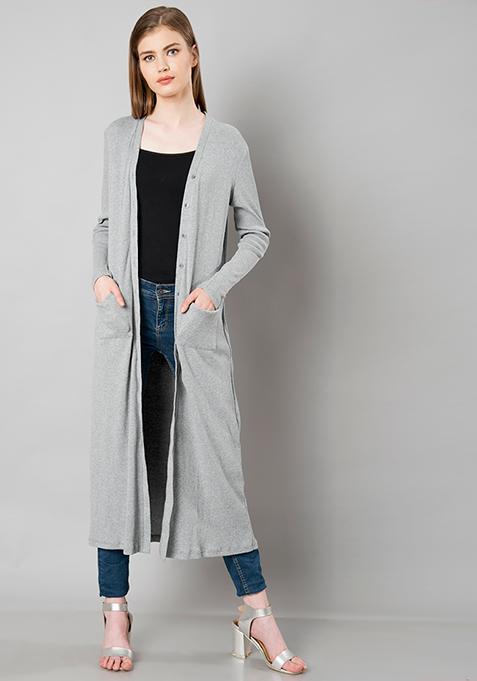 Buy Women Ribbed Knit Longline Shrug - Grey - Sweaters & Cardigans ...