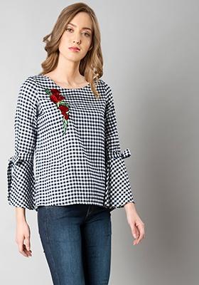 Embroidered Bell Sleeve Tie Top - Gingham