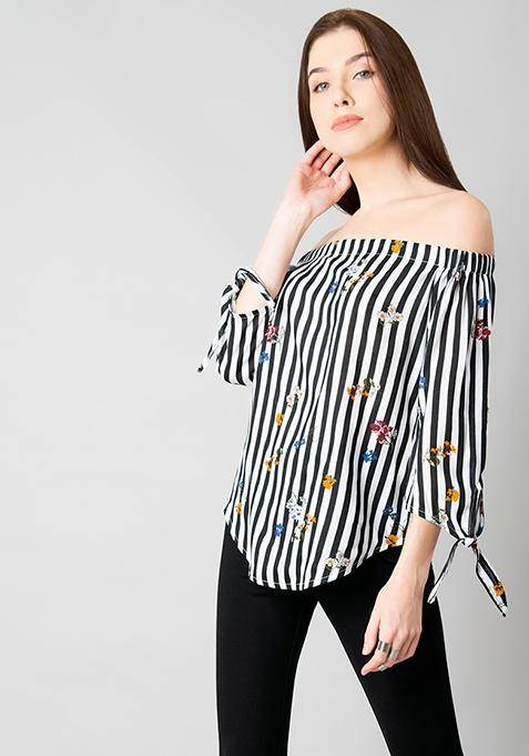 Tie Up Sleeves Bardot Top - Floral Stripes