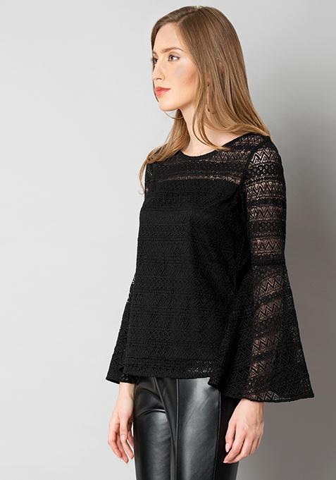 Black Bell Sleeve Lace Top Online | Women's Blouses | FabAlley.com