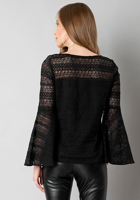Black Bell Sleeve Lace Top Online | Women's Blouses | FabAlley.com