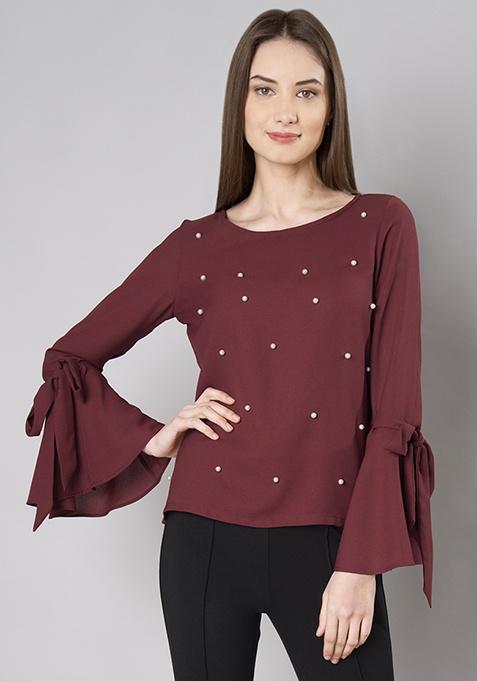 Wine Pearl Insert Bell Sleeve Top