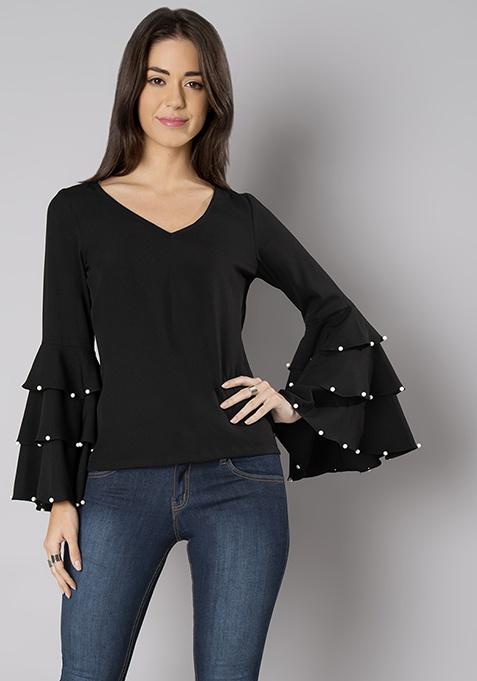 Black Pearl Insert Triple Bell Sleeve Top