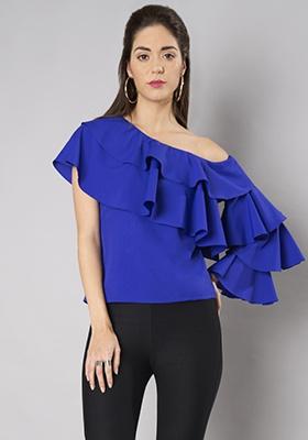 Royal Blue Layered Sleeve One Shoulder Top