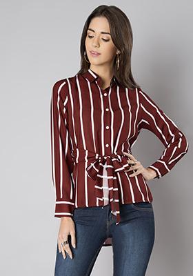 Maroon Striped High Low Belted Shirt