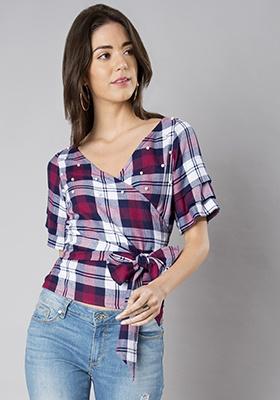 Red Check Pearl Wrap Top 