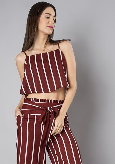 Maroon Striped Flared Crop Top