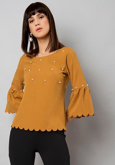 Mustard Pearl Embellished Bell Sleeve Top