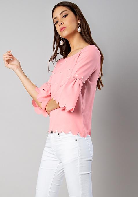 Blush Pearl Embellished Bell Sleeve Top
