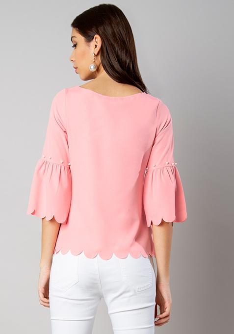 Buy Women Blush Pearl Embellished Bell Sleeve Top - Blouses Online ...
