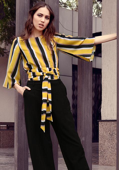 Yellow Striped Belted Longline Crop Top