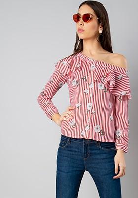 Red Floral Stripe One Shoulder Ruffled Top