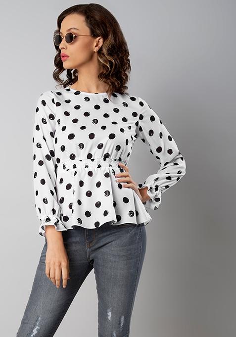 White Polka Dot Smocked Waist Top